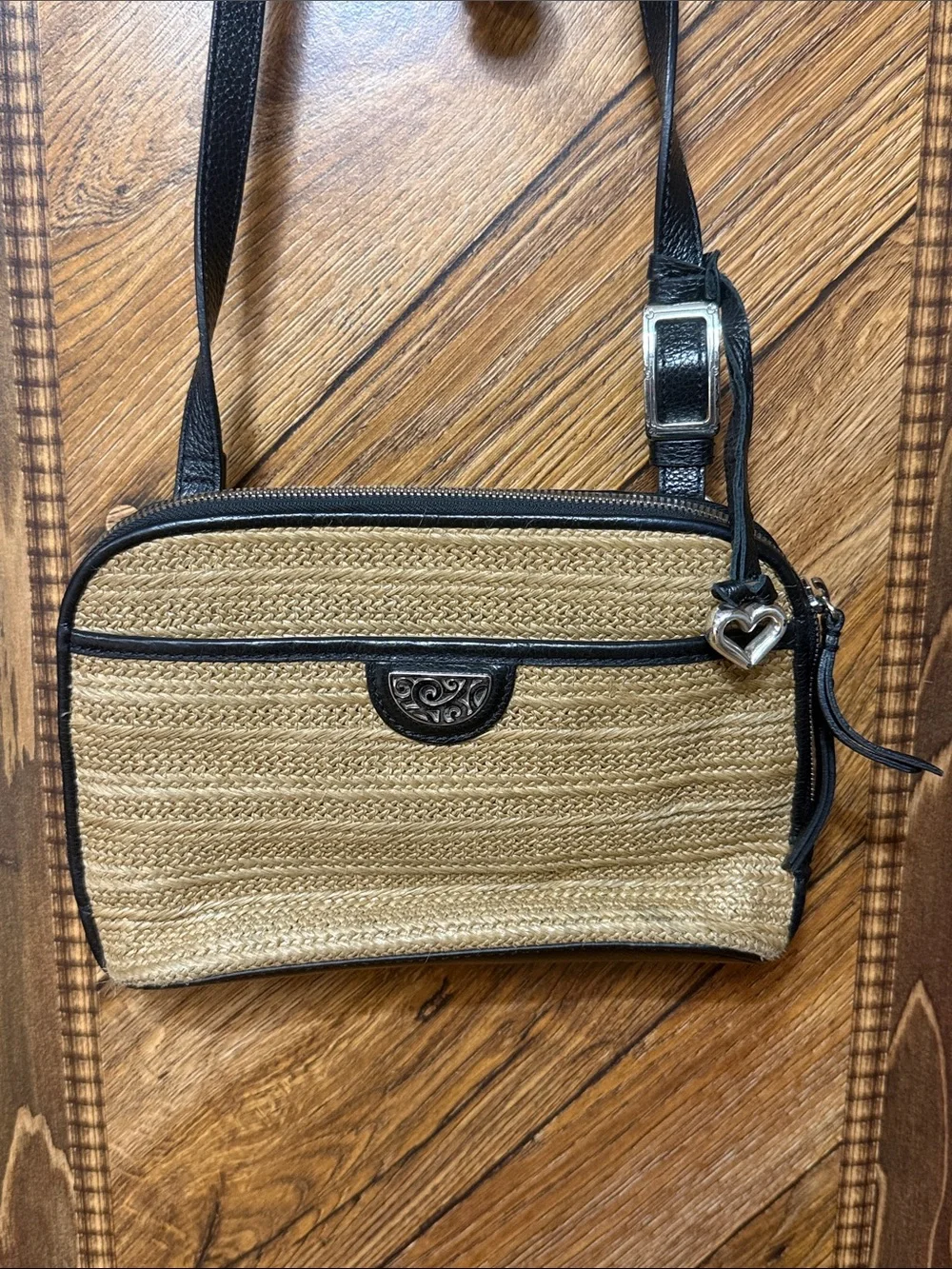 Brighton Straw Crossbody with Black Trim and Heart Charm